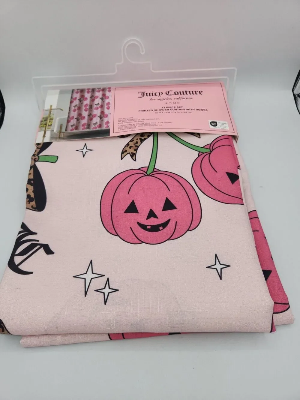 Juicy Couture Pink Halloween Pumpkin Bows Shower Curtain Set 13 Pc Gold Hooks